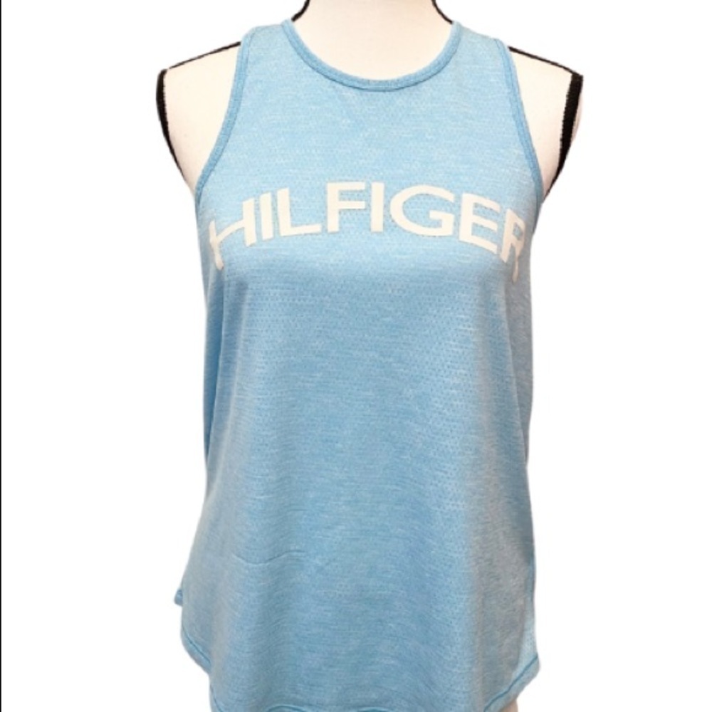 TOMMY HILFIGER Tank Top Spellout Logo Perforated Athletic Size Medium Blue